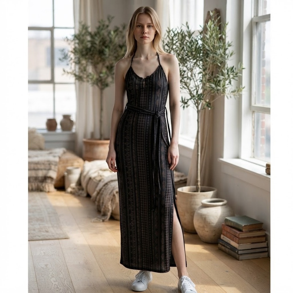 O'Neill Womens Small Black Brown Boho Halter Maxi Dress Keyhole Ruched Slit